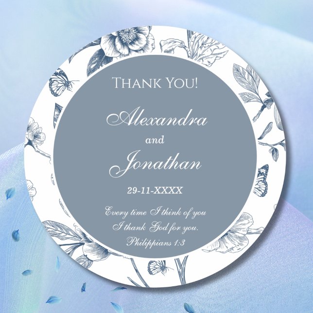 Sticker Rond Blue Chinoiserie Christian Wedding Thank You (Créateur téléchargé)
