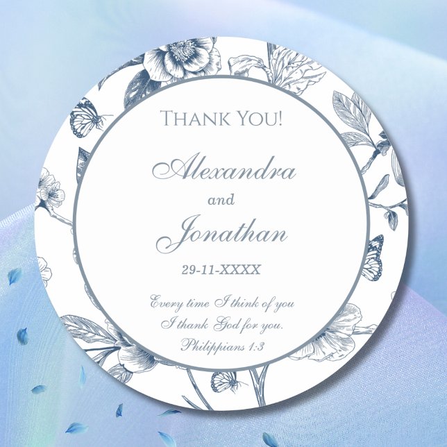 Sticker Rond Blue Chinoiserie Christian Wedding Thank You (Créateur téléchargé)