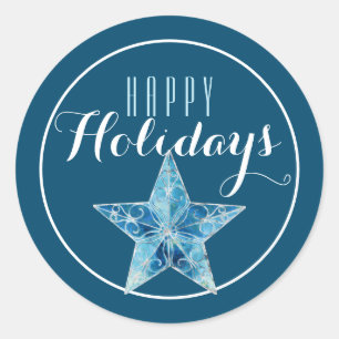 Sticker Rond Blue Christmas Star Joyeux Fête / Bleu