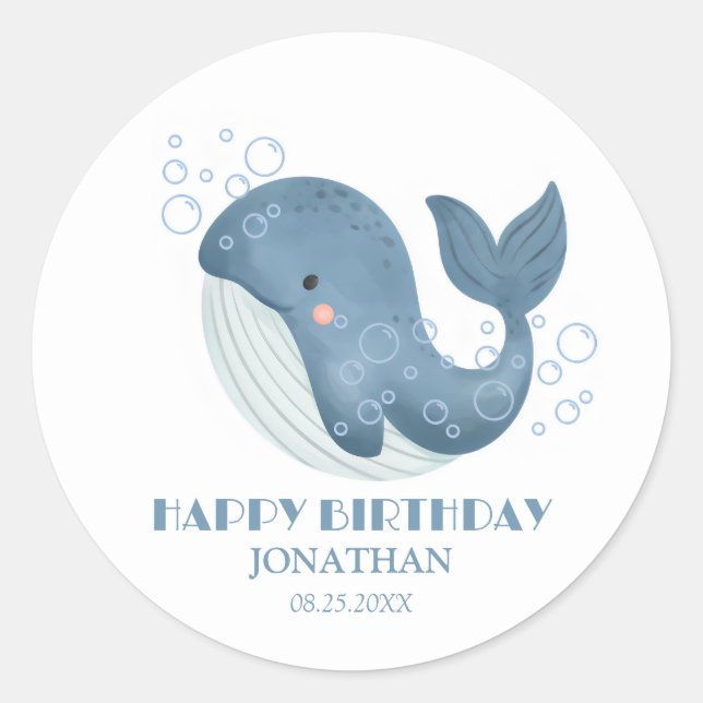 Sticker Rond Blue Circle Bubble mignonne baleine Joyeux anniver (Devant)