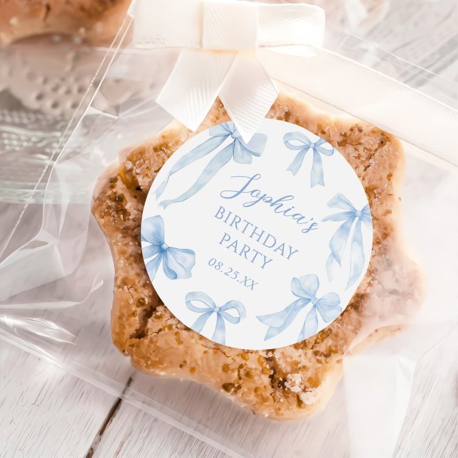 Sticker Rond Blue Coquette Bow Girl Birthday Party (Créateur téléchargé)