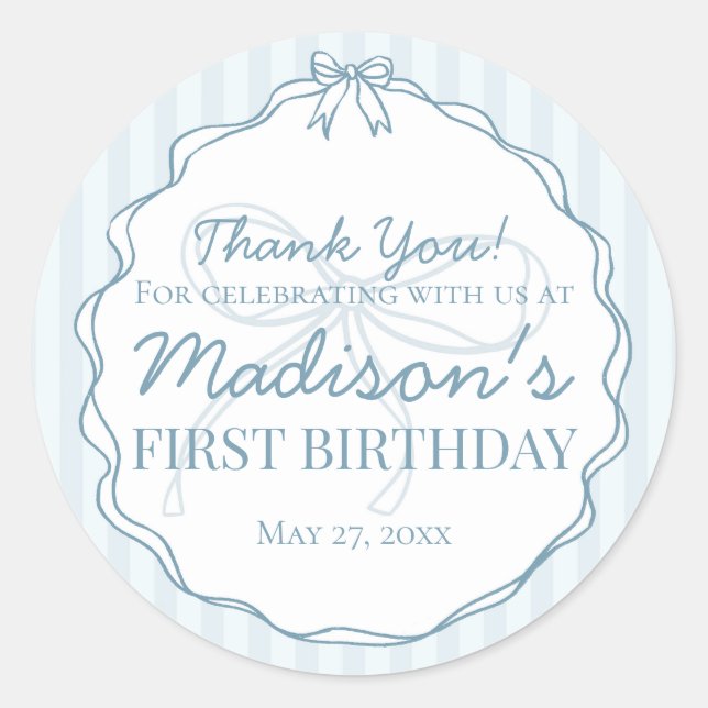 Sticker Rond Blue Coquette Bow Pastel rayé Anniversaire Favoris (Devant)