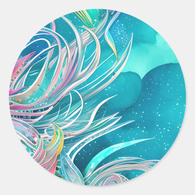 Sticker Rond Blue Coral Beach Art Abstrait (Devant)