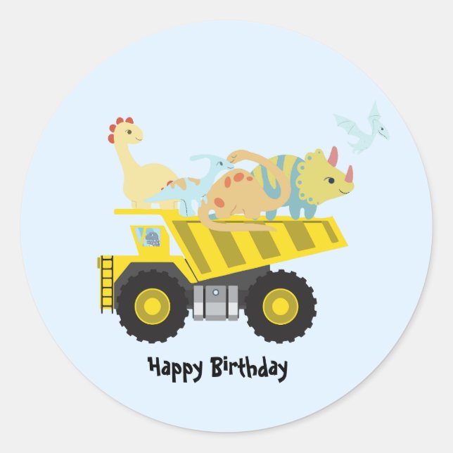 Sticker Rond Blue Cute amusant Dinosaure tracteur À l'école do- (Devant)