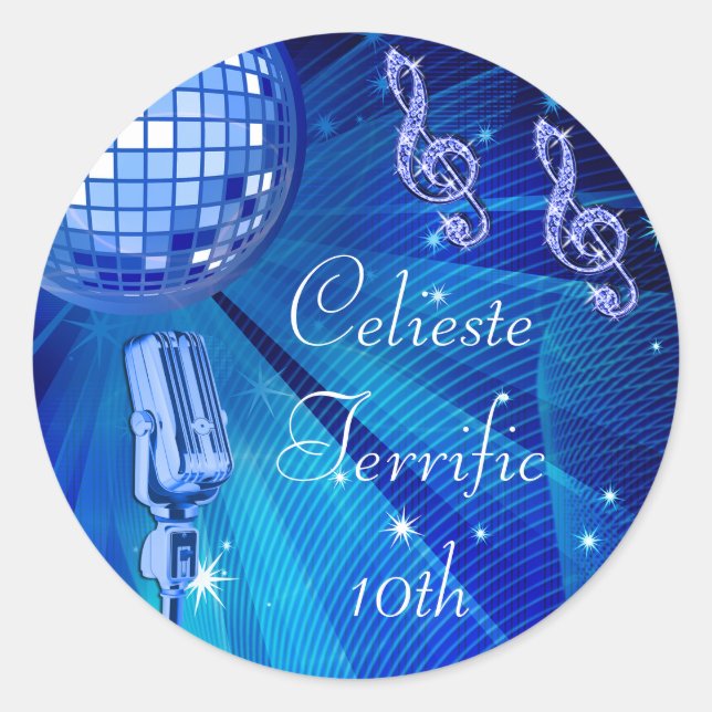 Sticker Rond Blue Disco Ball et rétro Microphone 10e anniversai (Devant)
