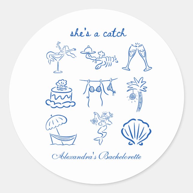 Sticker Rond Blue Doodle Tropical She's a Catch Bachelorette  (Devant)