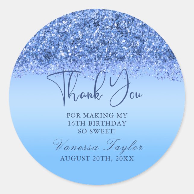 Sticker Rond Blue Faux Parties scintillant Sweet 16 Anniversair (Devant)