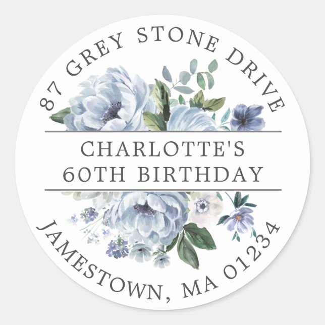 Sticker Rond Blue Floral 60th Birthday Adresse de retour Label (Devant)