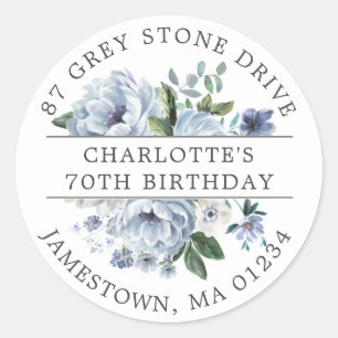Sticker Rond Blue Floral 70th Birthday Adresse de retour Label