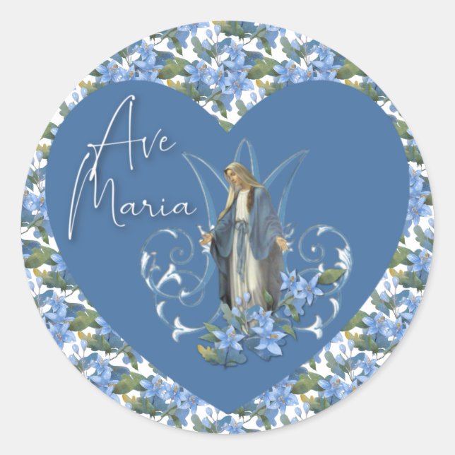 Sticker Rond Blue Floral Christian Virgin Mary Ave Maria (Devant)
