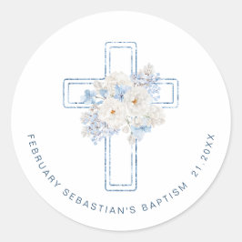 Sticker Rond Blue Floral Cross Baptism