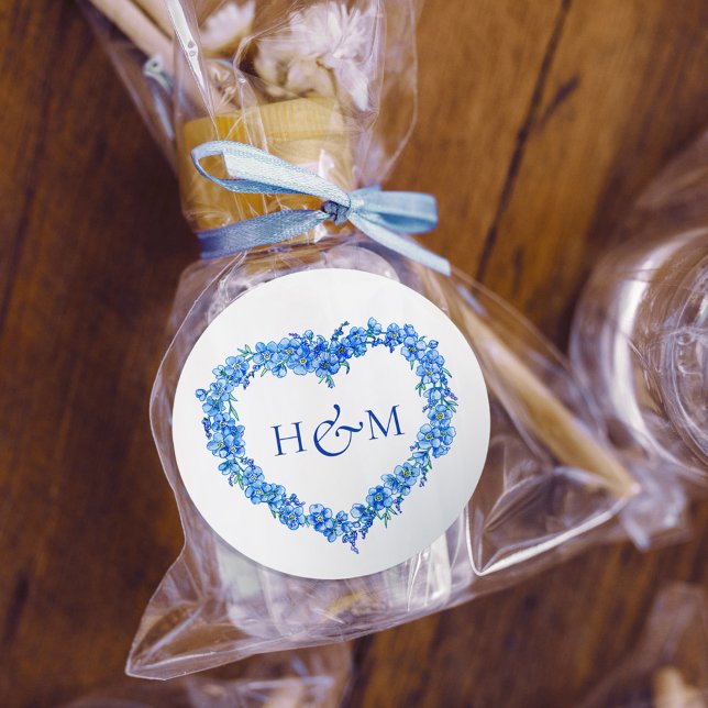 Sticker Rond Blue forget me nots inked art wedding monogram (Créateur téléchargé)