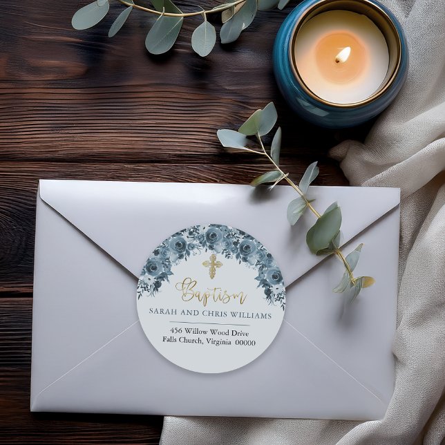 Sticker Rond Blue Gold Aquarelle Floral Baptême Adresse de reto (Elegant Blue Watercolor Floral Faux Gold Accents Boy Baptism Envelope Seal Classic Round Sticker)