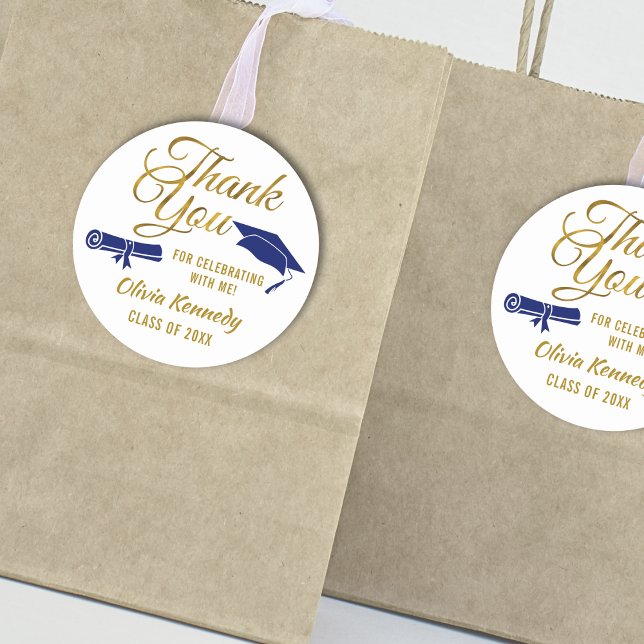Sticker Rond Blue Graduation Cap Gold Thank You Script Favor (Créateur téléchargé)