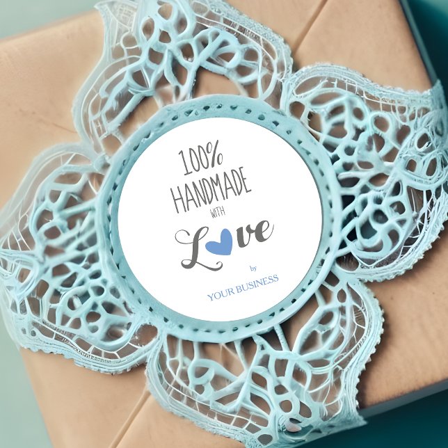 Sticker Rond Blue Heart 100% Handmade with Love Quote (Blue Heart 100% Handmade with Love Quote Round Sticker.)