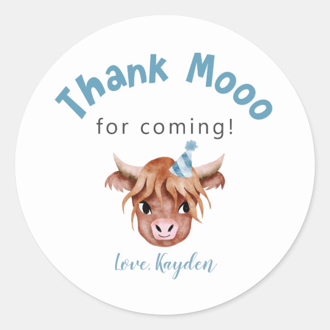 Sticker Rond Blue Highland Cow Anniversaire Fête Favoriser (Devant)