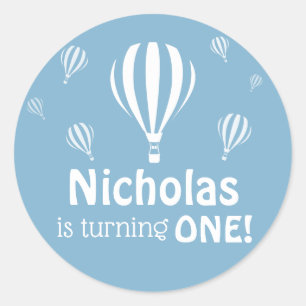 Sticker Rond Blue Hot Air Balloons Baby's First Birthday