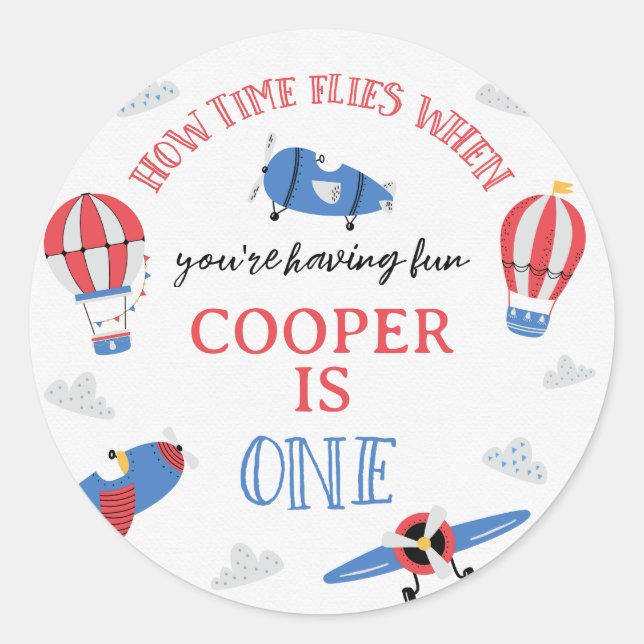 Sticker Rond Blue How Time Vol Avion 1er Anniversaire (Devant)