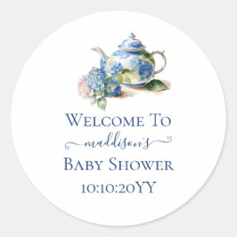 Sticker Rond Blue Hydrangea Baby shower Tea Party