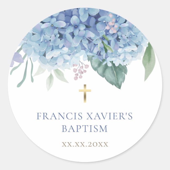 Sticker Rond blue Hydrangea flowers Baptism (Devant)
