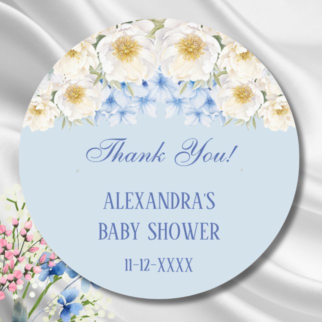 Sticker Rond Blue Hydrangea Jardin Floral Baby shower Merci (Créateur téléchargé)