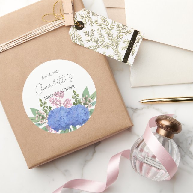 Sticker Rond Blue Hydrangea Modern  Floral Bridal Shower (Cadeaux)