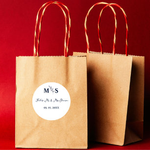 Sticker Rond Blue navy script Monogram futur m & mrs