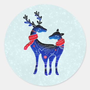 Sticker Rond Blue Nordic Christmas Reindeer Pair