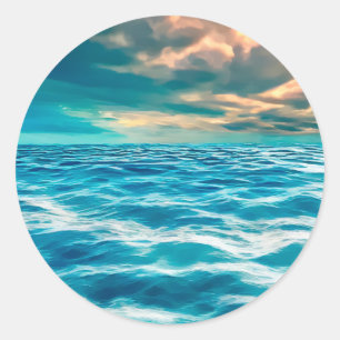 Sticker Rond Blue Ocean Seascape Ciel nuageux peinture numériqu