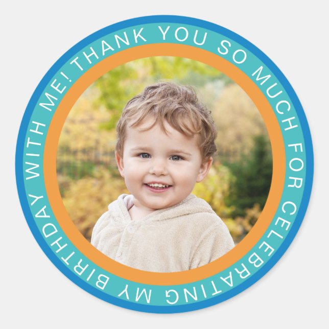 Sticker Rond Blue Orange Enfants Photo Merci d'anniversaire (Devant)