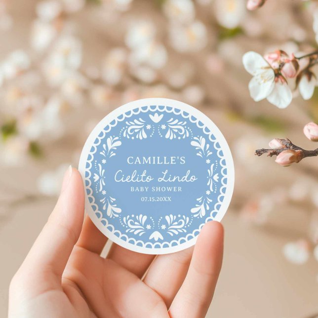 Sticker Rond Blue Papel Picado Boy Baby shower (Blue Cielito Lindo Round Sticker)