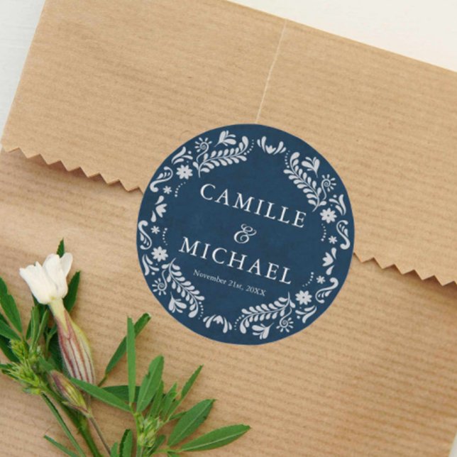 Sticker Rond Blue Papel Picado Wedding Favor (Blue Papel Picado Wedding Favor Sticker)