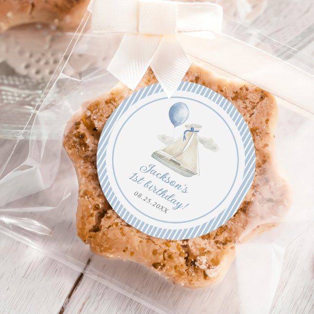 Sticker Rond Blue Pastel Nautical Sail Bateau 1er Anniversaire (Créateur téléchargé)