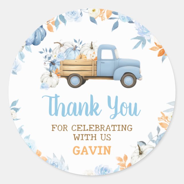 Sticker Rond Blue Pumpkin Truck Fall Birthday  (Devant)