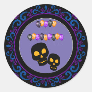 Sticker Rond Blue Purple Black Skuls Joyeux Ballons d'Halloween