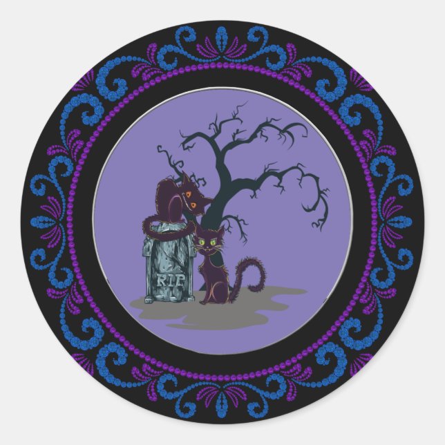 Sticker Rond Blue Purple Chats noirs Tombstone Tree Halloween (Devant)