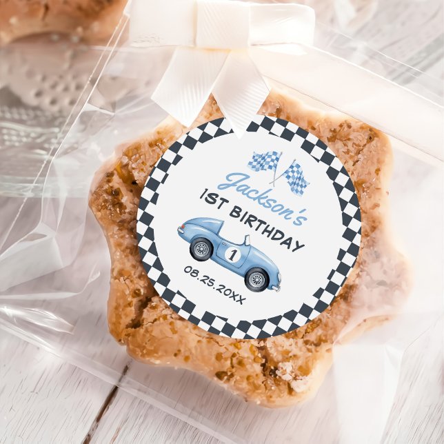 Sticker Rond Blue Race Car Boy 1er Anniversaire (Créateur téléchargé)