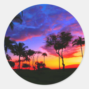 Sticker Rond Blue Red Sunset Exotic Hawaiian Beach Palm Trees