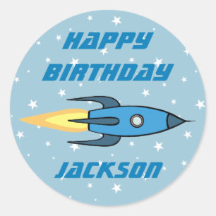 Sticker Rond Blue Retro Rocket Ship Personnalisé Anniversaire G