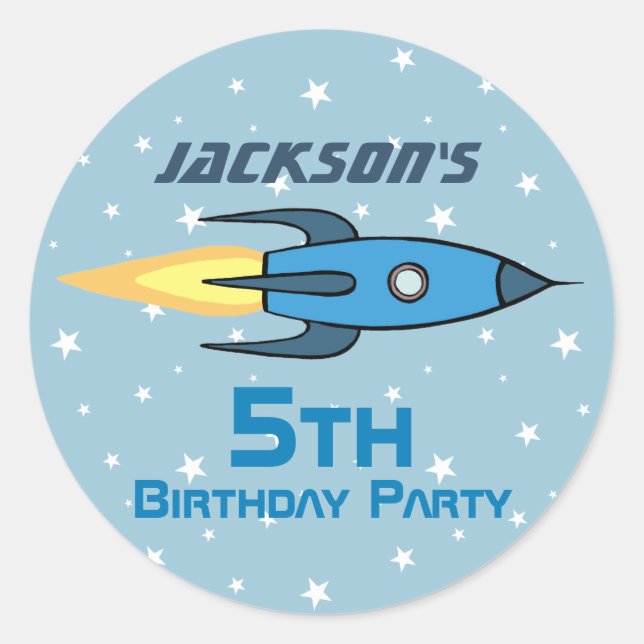 Sticker Rond Blue Retro Rocket Ship Personnalisé Anniversaire G (Devant)