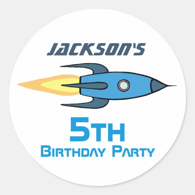 Sticker Rond Blue Retro Rocket Ship Personnalisé Anniversaire G (Devant)