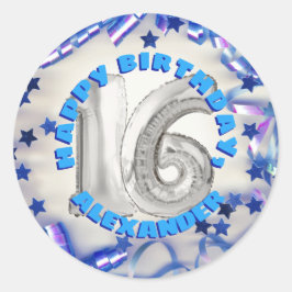 Sticker Rond Blue Ribbon & Stars Confetti 16e fête d'anniversai