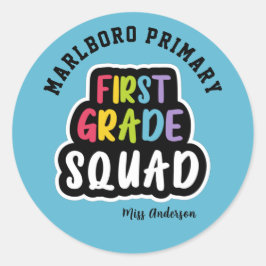 Sticker Rond Blue School Name First Grade Teacher Squad