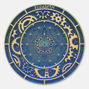 Sticker Rond Blue Steampunk Retro Vintage Rusty Art Deco Clock