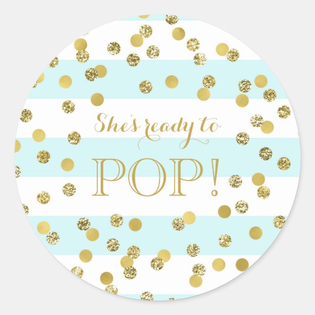 Sticker Rond Blue Stripes Gold Confetti Elle est prête à la pop (Devant)
