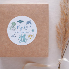 Sticker Rond Blue Summer Ocean Baby Shower Favoriser