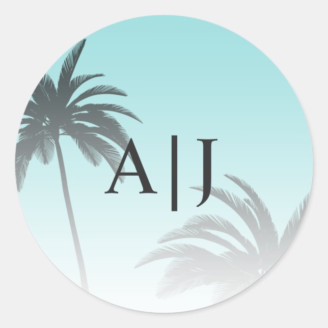 Sticker Rond Blue Tropical Palm Tree Beach Monogram Mariage (Devant)