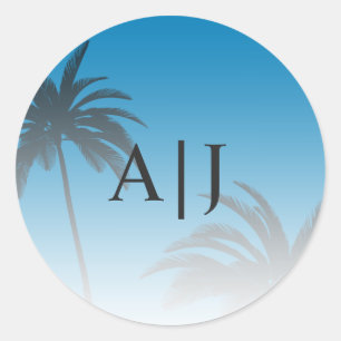 Sticker Rond Blue Tropical Palm Tree Beach Monogram Mariage