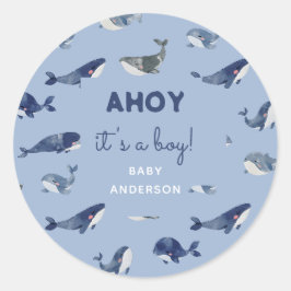 Sticker Rond Blue Whale AHOY C'est un Baby shower garçon