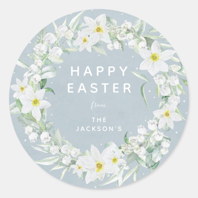 Sticker Rond Blue + White Floral Wreath Message de Pâques (Devant)